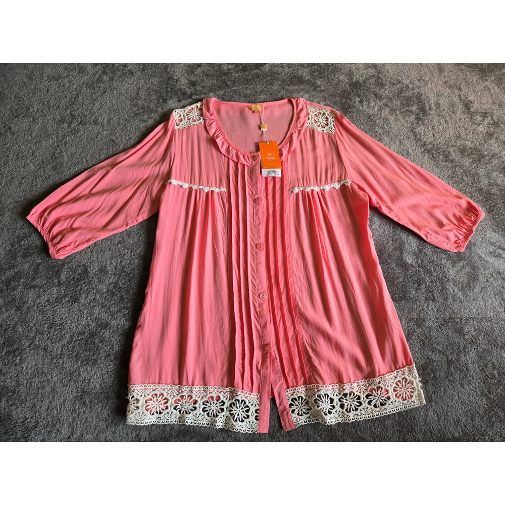 Roicare Tunic Blouse Women XL Pink New Lace Trim Pleated 3/4 Sleeve MZ7130